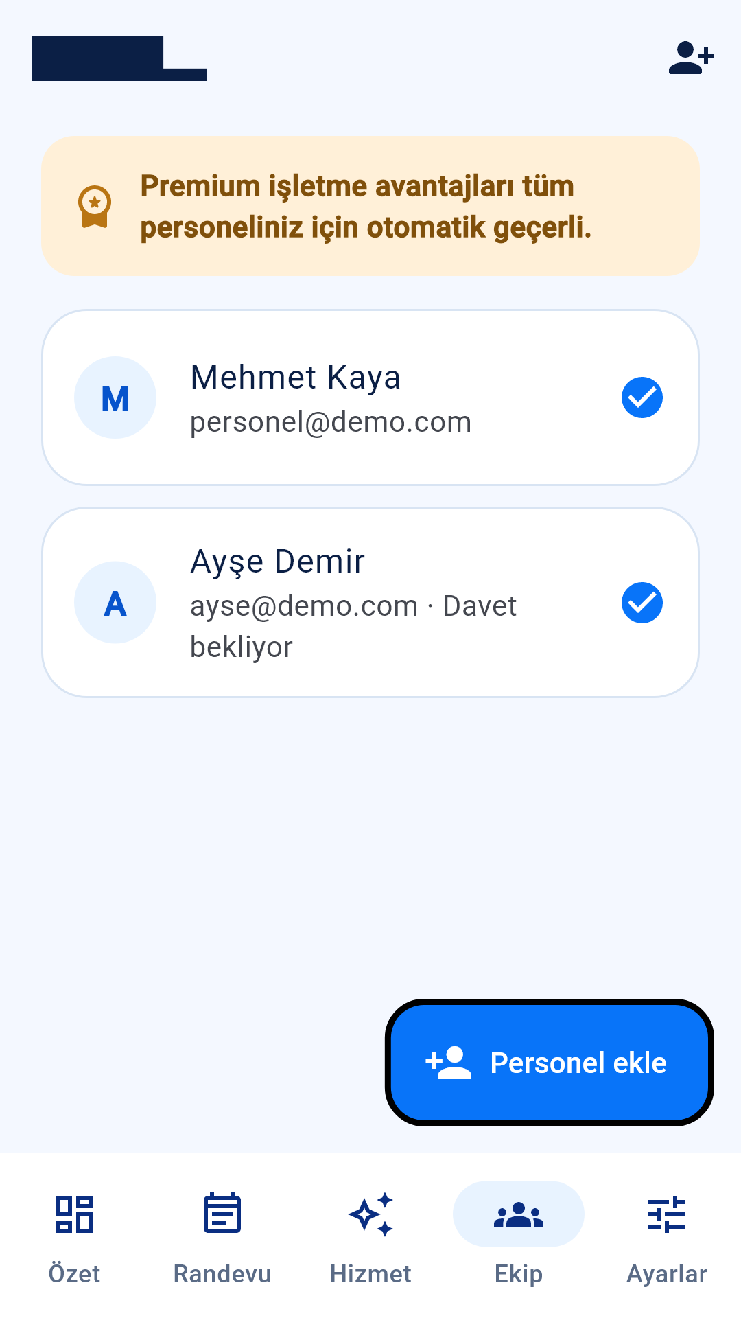 RandeCar'da işletme ekip yönetimi gerçek uygulama ekranı