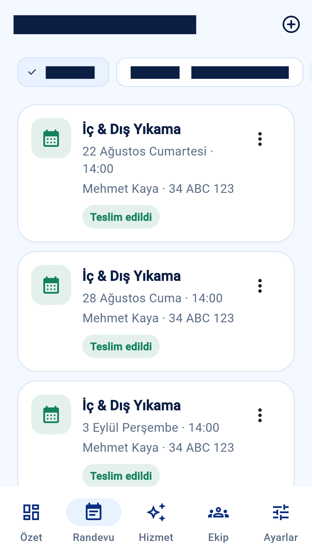 RandeCar'da işletme randevu yönetimi gerçek uygulama ekranı